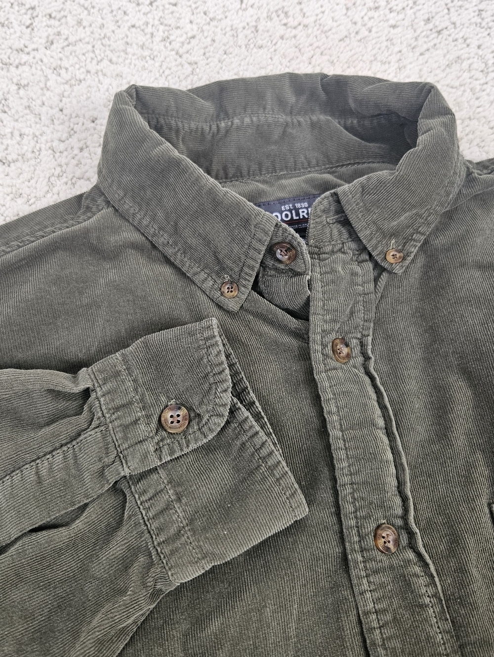 Woolrich Corduroy Shirt Mens Long Sleeve Button Up Olive Green XL Cotton Outdoor